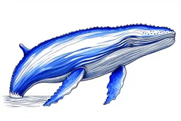 a drawing of a whale in acrylic paint marker style. Blue whale, white background.