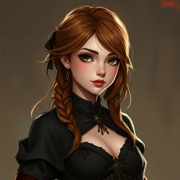 pretty girl, conventionally attractive, dark clothes, tight top, medieval, sorcerer, hazel hair, digital art