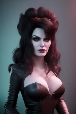 Amy Dumas as evil queen in black leather, leather, busty, cleavage, angry, rage, stern look. character design by cory loftis, fenghua zhong, ryohei hase, ismail inceoglu and ruan jia. unreal engine 5, artistic lighting, highly detailed, photorealistic, fantasy