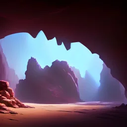 Cave in a desert mountain, hyper realistic, photography, rays, amazing lighting