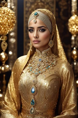 gorgeous photography HD ultra realistic natural skin beauty of young arabian woman hijab, dressing traditional gown beautiful, shiny hard eyes, make up, shiny baubles, ornate, large gemstones, shiny molten golden metalics, shiny ornaments flowers patterns, luxury dress,luxury jewelry diamonds background,brown hair, high definition, high res,establishing shot