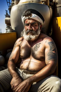 photography of An iranian offshore worker, shirtless, wearing bulging heavy-duty work pants and sturdy boots, sitting under the scorching sun on a merchant ship, man 66 years old, manly chest, muscular chubby , tattoo, curly beard, dirty, serious, long hair, ugly, big thighs, bullneck, big shoulders, photo realistic, photographic, super detailed, hyper realistic, UHD, frontal view , ambient occlusion