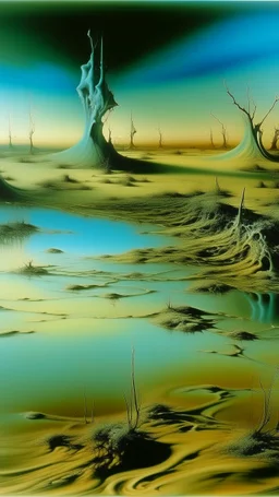 Cyan flooded grasslands painted by Salvador Dali