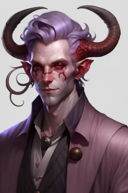 male detective, Tiefling with red skin, lavender hair, gray horns,