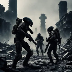 a bloody xenomorph [vintage style noisy scratches glitches, Shot the texture and then rewound the film and double exposed] In the midst of the destroyed city under the bombs, the two US Marine soldiers move with precision in tight formation across the ruins, while the alien xenomorphs lurk in the darkness. Their eyes scanning the shadows as they sought to avoid being surprised by the deadly foes that could strike at any moment.