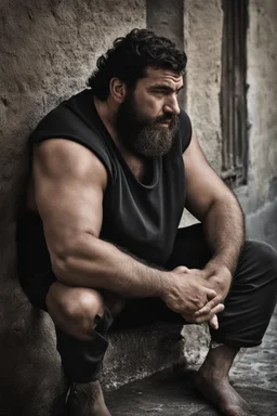 macho chubby ugly muscular sicilian man in the darkness, sleeping relaxed sitted on an little empty street, 33 years old, bulging dirty tracksuit, dirty, bullneck, hands behind the neck, manly chest, very hairy, ajar mouth, long beard, big shoulders, relaxed, photorealistic, well defined facial features, half figure photography, big nose, in the night, misery and poverty, view angle from the ground, dim side light