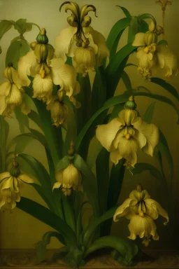 green! irises with golden bells, transparent background, painting 17th century