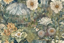 random watercolor Zentangle patterns in the styles of Gustav Klimt ,Wassily Kandinsky, Alphonse Mucha, and Kay Nielsen that depicts a wild Victorian botanical greenhouse, with fine ink outlining