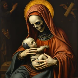 Visual Necromancy, Madonna cradling (anthropomorphic android robot cybernetic child:1.5), composition by Fra Fillipo Lippi, sci fi art conceived by Anton Semenov, by Hieronymus Bosch, middle ages oil painting, surreal, wages of sin