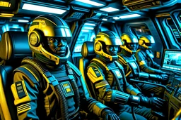 tight shot of co-pilots in starlet security squadron fighter cockpit. lots of camouflaged detail. ye olde android laser rebellion of occipiton-5 on planet besoqules galactic star squadron 9-4-c matltranack delta. world class cinematic special effects cgi airbrushed landscapes. still shot. in plain sight under the collective nose of entire global population. coherent.
