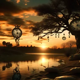 A lake, at sunset, surrounded by trees. In the foreground there are clocks melting and draping over the tree branches, like in Dali's 'Persistence of Memory'.