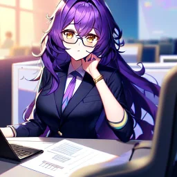 Clear focus, 8k, high quality, detailed, beautiful lighting, girl, vibrant colors, purple long hair, vibrant golden eyes, office clothes, glasses, messy hair, sitting,