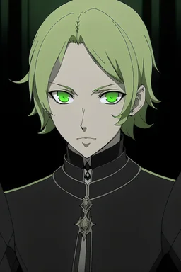 uma vampira loira cacheada de pele branca e olhos verdes com roupas de duquesa pretas e de cartola preta em estilo anime