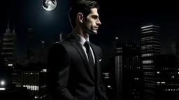 A man in a suit standing in front of a cityscape at night, with a full moon in the sky and tall buildings in the background