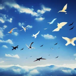 hundreds of different animals flying in the sky, photo realistic