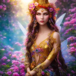 bright indigenous fairy, beautiful portrait, flowery landscape, light, sun