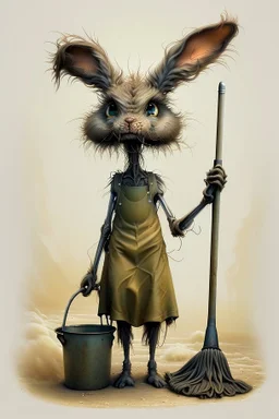 artist Jean-Baptiste Monge style. a unhappy, disgruntled biomorph tall lanky skinny fuzz-headed old dust bunny. skinny arms, legs and body. covered all over in bits of dust and dirt. blue eyes. A yellow dotted green raggedy apron. holding a mop and pail. standing in a cloud of dust. large bits of dirt flying around his head. In Style of Tim Burton