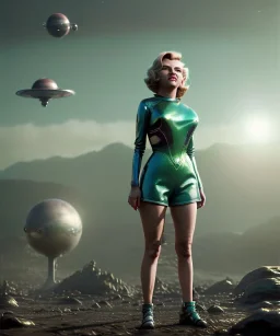 Ultra Realistic retro sci-fi 1960 scene, waist up view portrait, blonde woman, sweet young Marilyn Monroe face, perfect iris, tight latex coat, alien planet background, tight style, steel sphere dron levitating, fog, rain, soft color, highly detailed, unreal engine 5, ray tracing, RTX, lumen lighting, ultra detail, volumetric lighting, 3d, finely drawn, high definition, high resolution.