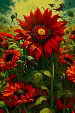 One sunflower surrounded with red poppies growing out of a zombie , Bosch painting style