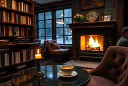 Cozy cafe setting with filled bookshelf. Warm tones. Candle and a cup of coffee on table. Crackling fireplace. Rainy night. Velvet chair.