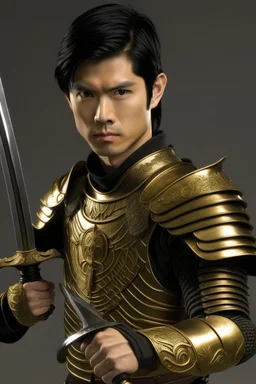 A handsome 30 year old man, black hair, male bob haircut, in black-and-gold plate armor, golden katana in both hands, no beard