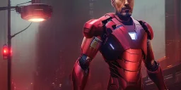 iron man right side, full boy, A professional night photo of a far-future cyberpunk city, shanghai, by Alena Aenami and blade runner and akira, trending on Artstation, smooth, sharp focus, higly detailed, crowded