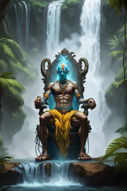 Dhalsim an electric necromancer on throne in foggy jungle waterfall