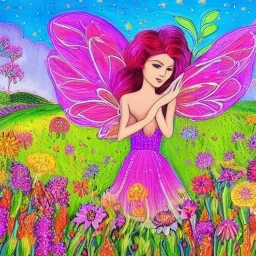 bright fairy, beautiful portrait, flowery landscape, cosmic atmosphere, perfect composition, 8k, super detailed, delicate flowers, complementary colours, intricate details