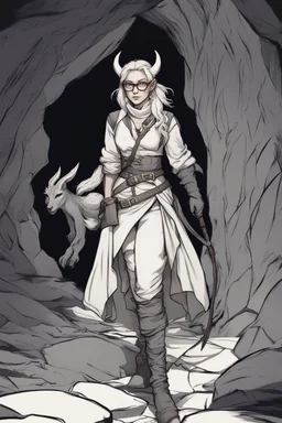 A Dnd character with a long tail and small horns in a dark cave. female Tiefling archeologist with white hair, wearing glasses, in adventurer's clothes. Cunning, beautiful, cool.