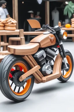 una V de madera sobre una moto veloz con comida a bordo