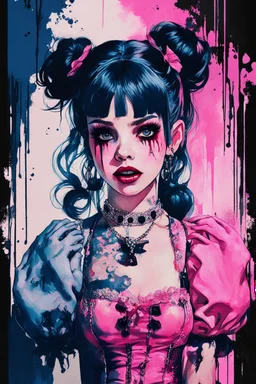 Poster in two gradually, a one side malevolent goth vampire girl face and other side the Singer Melanie Martinez face, full body, painting by Yoji Shinkawa, darkblue and pink tones,