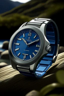 Design a realistic image that combines the timeless elegance of an Generate a realistic image of the Patek Philippe 5711P watch in an outdoor adventure setting. Showcase the watch being worn during activities such as hiking, camping, or exploring nature. Emphasize realistic lighting and reflections to convey the watch's durability and elegance in adventurous situations.