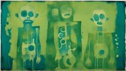 abstract painting, apathy, grotesque, art brut, outsider art, calotype combineted lime green and random color , cyanotype , conceptual art,