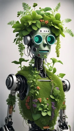 a portrait of a vegan hippie robot made of living plants