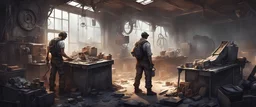 engineer working in a workshop, post-apocalyptic, concept art