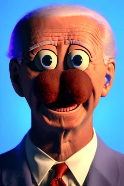 Waist up muppet Portrait, joe Biden as muppet doll, Blue suit retro style, photo studio, blue background, unreal engine 5, concept art, art station, god lights, ray tracing, RTX, lumen lighting, ultra detail, volumetric lighting, 3d.