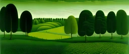 A green plain filled with hedges painted by Henri Rousseau