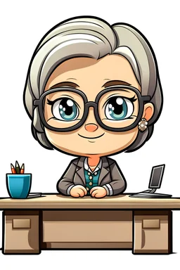 mature looking chibi woman with glasses sitting behind a desk