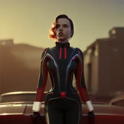 retro sci-fi portrait image from 1960, supermarket parking explosion, fire, classic black widow, young Scarlett Johansson, tight lycra suit, soft color, highly detailed, unreal engine 5, ray tracing, RTX, lumen lighting, ultra detail, volumetric lighting, 3d, finely drawn, high definition, high resolution.