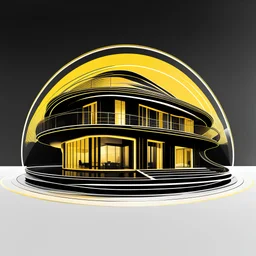 Ilustración minimalista de una casa campestre estilo Zaha Hadid forma redonda arte nouveau neón lineal color negro blanco y amarillo calidad ultra fondo ciudad