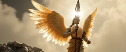 somewhat ancient angel soldier holding up a radiant Painite spear seen through sears crystal rosette ball