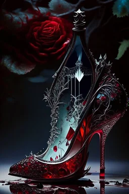 dark fantasy, intricate cover, a whimsical fairytale, shoe made of glass with blood inside