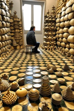 small man inside huge sea shells and on the floor is a huge chess board