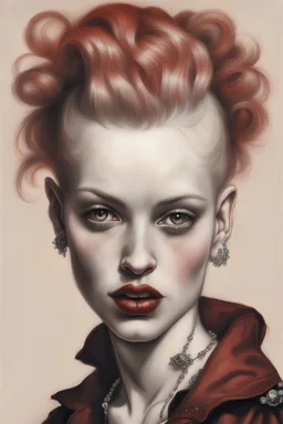 punk girl, illustration by <John currin>, darkred tones,