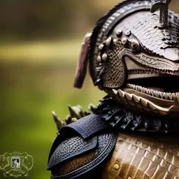 photograph of a warrior with crocodile themed armour. extremely detailed. dslr. 85 mm.perfect position