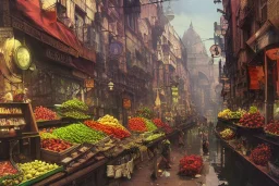 Canal A corner shop greengrocer in colorful varanasi street+Gothic city+BioShock+Dishonored+Bloodborne +trieste+Edinburgh+Chicago+victorian London+decòpunk Skyscraper+ +steampunk+biopunk+alphonse mucha, greg rutkowski,matte painting, cryengine, hyper detailed, felix kelly, fantasy art, seb mckinnon