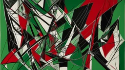 An abstract, geometric composition features bold black shapes outlined in white against a textured, mottled green background. Thin, dark red lines intersect the scene diagonally from the upper right to the lower left, adding a dynamic element. The shapes are angular and curved, suggesting a sense of movement and depth.