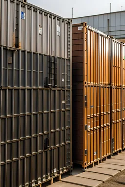 Shipping containers as site huts with one black container in the corner of all containers, construction site next to them