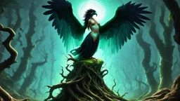 The Harpy, majestic and enigmatic, perches atop a pedestal of twisted roots and vines, surrounded by an aura of mystical energy. Her feathers shimmer with an iridescent glow, as she surveys her domain with an unreadable expression. The surrounding landscape is alive with whispers of forgotten knowledge, ancient artifacts half-buried in the undergrowth, and the faint, ghostly outlines of forgotten civilizations.