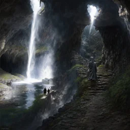 Epic fantasy digital painting of two robed figures, reminiscent of Dante and Virgil in the style of a Gustave Doré engraving, journeying on a perilous stone path carved into the wall of a vast, subterranean underworld. A majestic, luminous waterfall cascades from a sunlit hole in the cavern ceiling, its spray catching the divine light. The rest of the cavern is lost in deep, moody shadows, creating intense chiaroscuro. Moss-covered rocks glisten on the far side of a dark, still river.